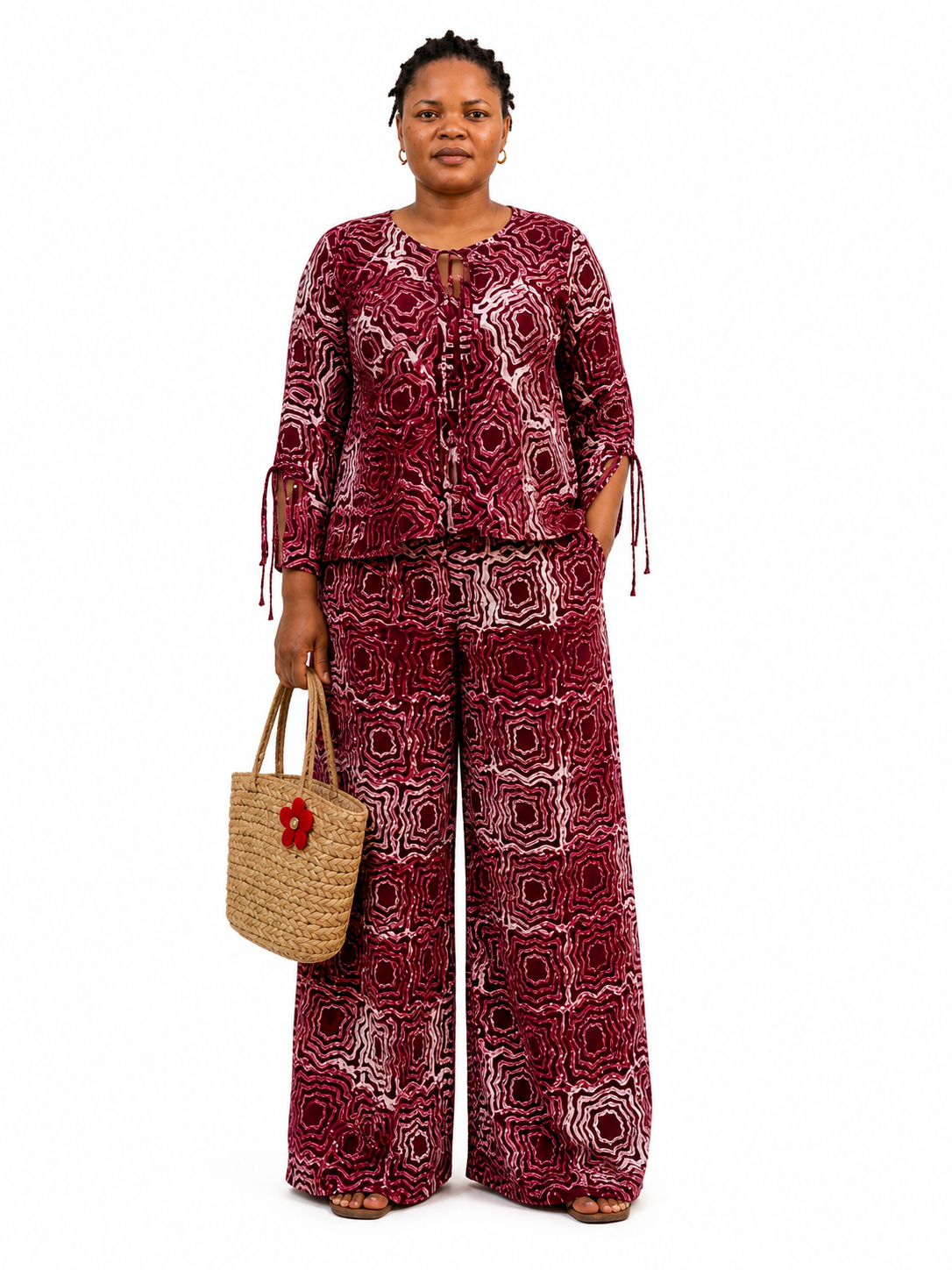 Burgundy Adire Palazzo Pant Set-879879 Burgundy Adire Palazzo Pant Set - Image 1