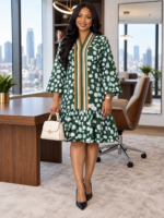 Women’s African-Inspired Print Dress with Aso Oke-Inspired V-Neck – 3/4 Sleeve Relaxed Fit Ruffle Dress - Image 4