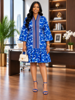 Women’s African-Inspired Print Dress with Aso Oke-Inspired V-Neck – 3/4 Sleeve Relaxed Fit Ruffle Dress