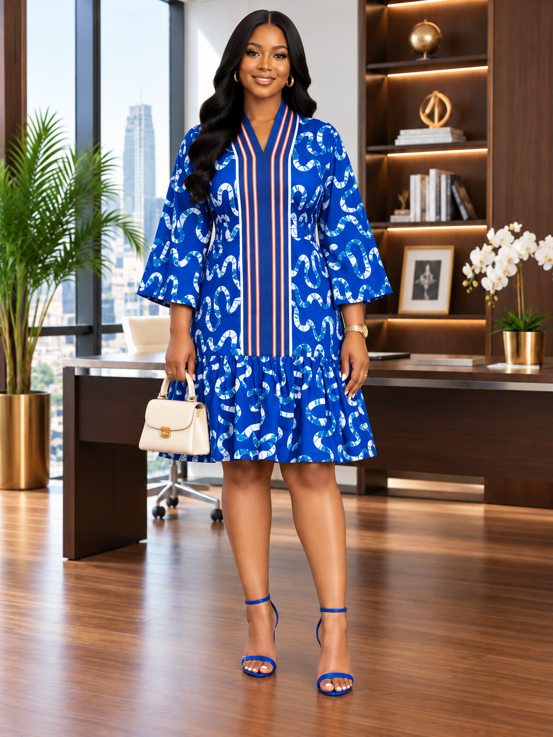 440f58da-5072-43a5-aa53-1d64ee2c917a Women’s African-Inspired Print Dress with Aso Oke-Inspired V-Neck – 3/4 Sleeve Relaxed Fit Ruffle Dress - Image 1