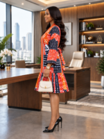 Women’s African-Inspired Print Dress with Aso Oke-Inspired V-Neck – 3/4 Sleeve Relaxed Fit Ruffle Dress - Image 5