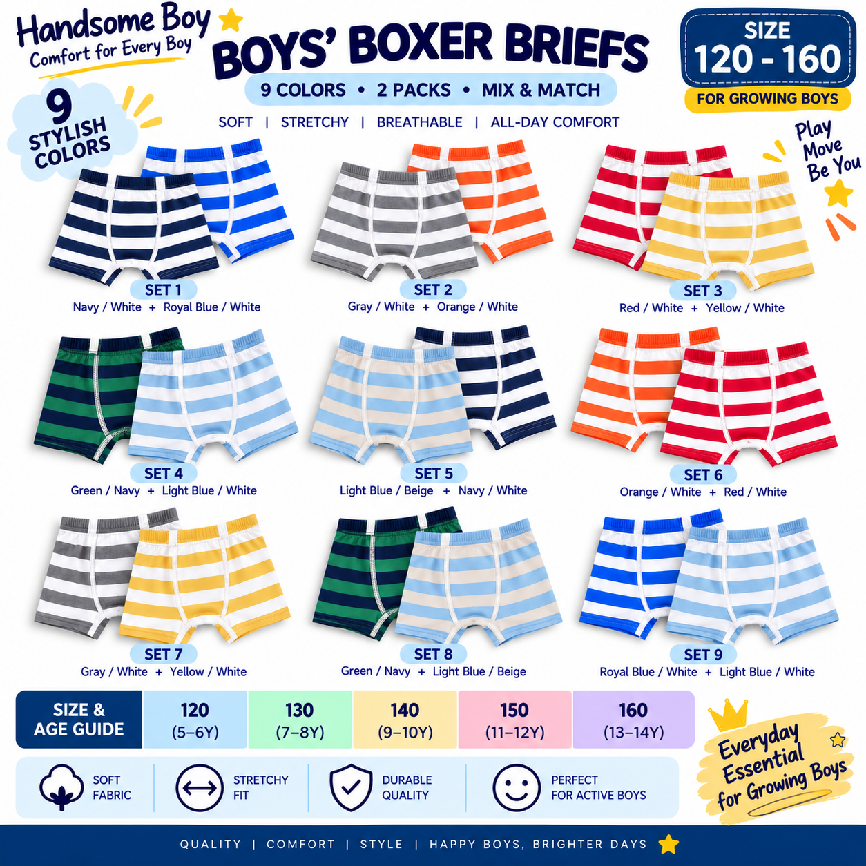 ab884491-b05c-4840-954b-03ee7b19e43e Boys’ Boxer Briefs 2-Pack – Soft Stretch Striped Kids Underwear | Sizes 120–160 | Assorted Colors - Image 1