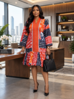 Women’s African-Inspired Print Dress with Aso Oke-Inspired V-Neck – 3/4 Sleeve Relaxed Fit Ruffle Dress - Image 6